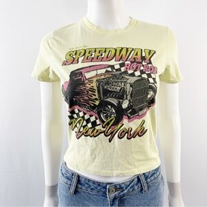 Brandy Melville T-Shirt Yellow Speedway Hot Rod Cropped Short Sleeve One Size